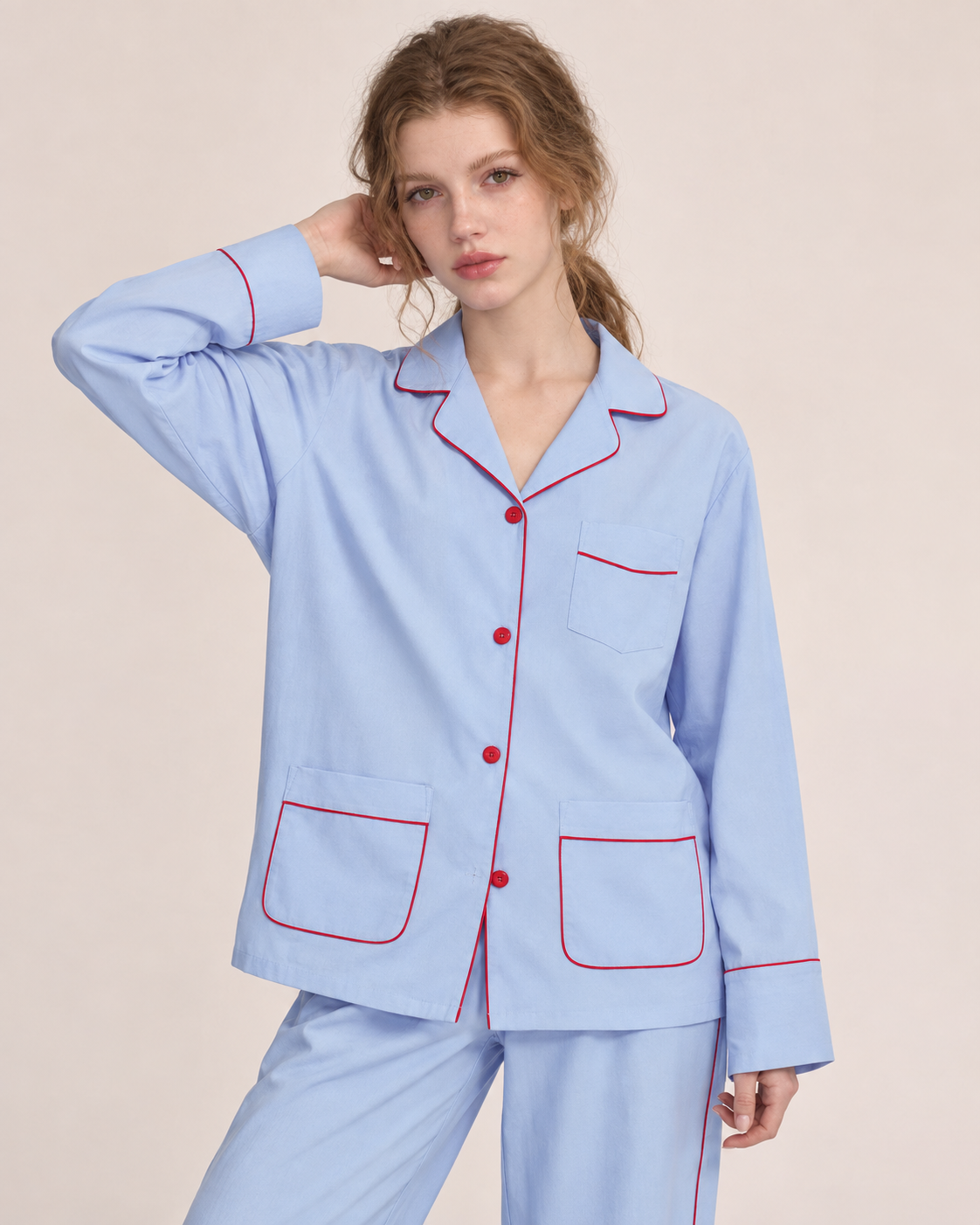 Linehaven contrast-piped long pajama set in blue, additional studio portrait - Roomden