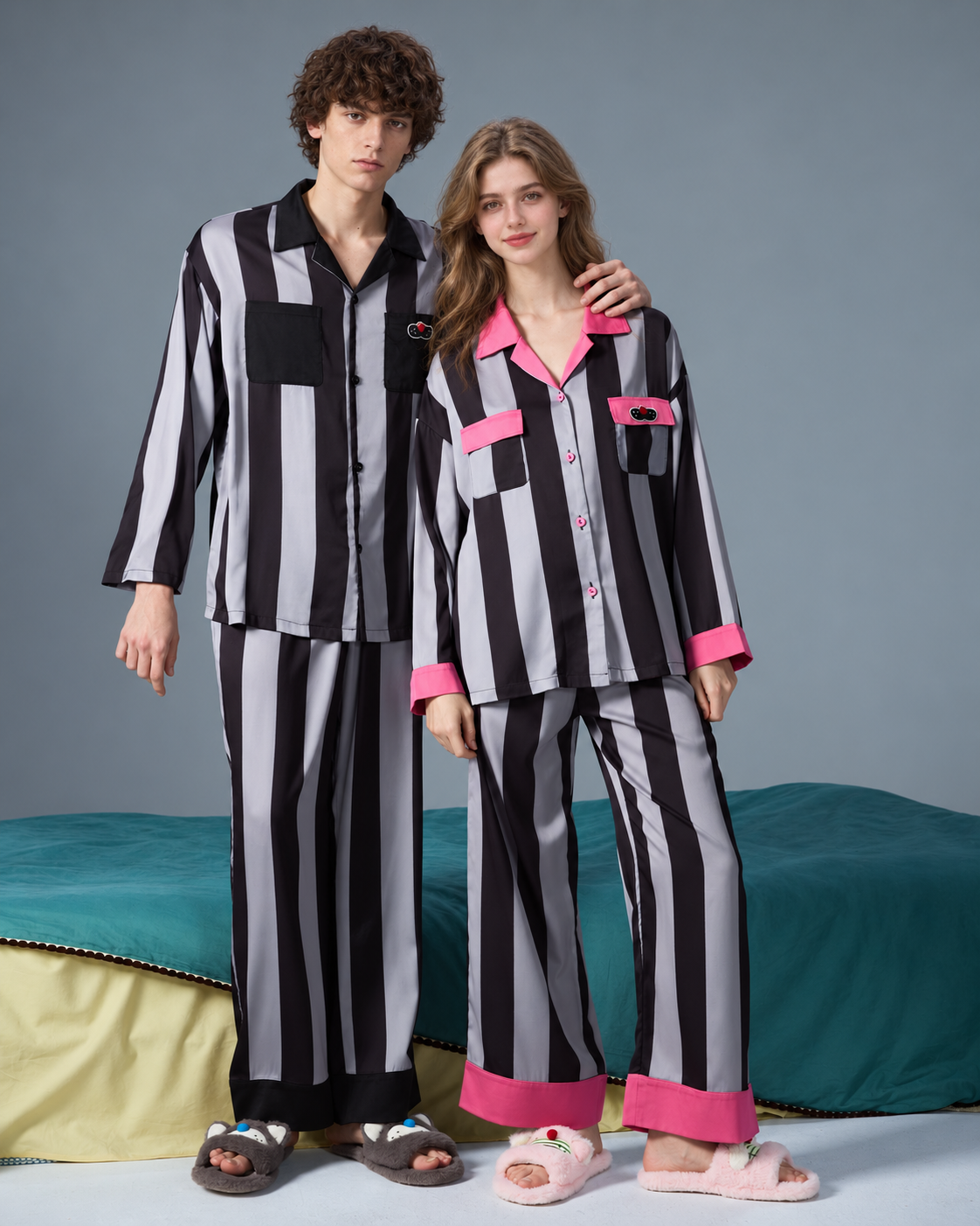 Men's striped pajama set – front view with a companion - Roomden