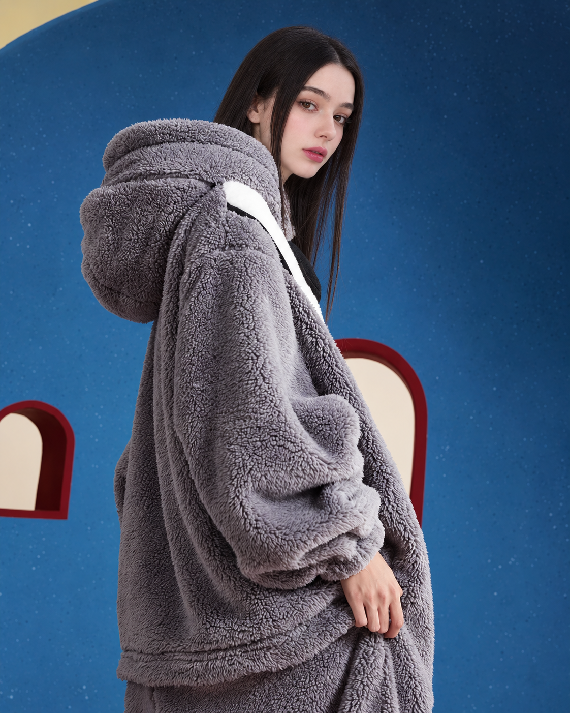 Dog-Face Hooded Fleece One-Piece Pajamas – gray side-back upper-body view - Roomden