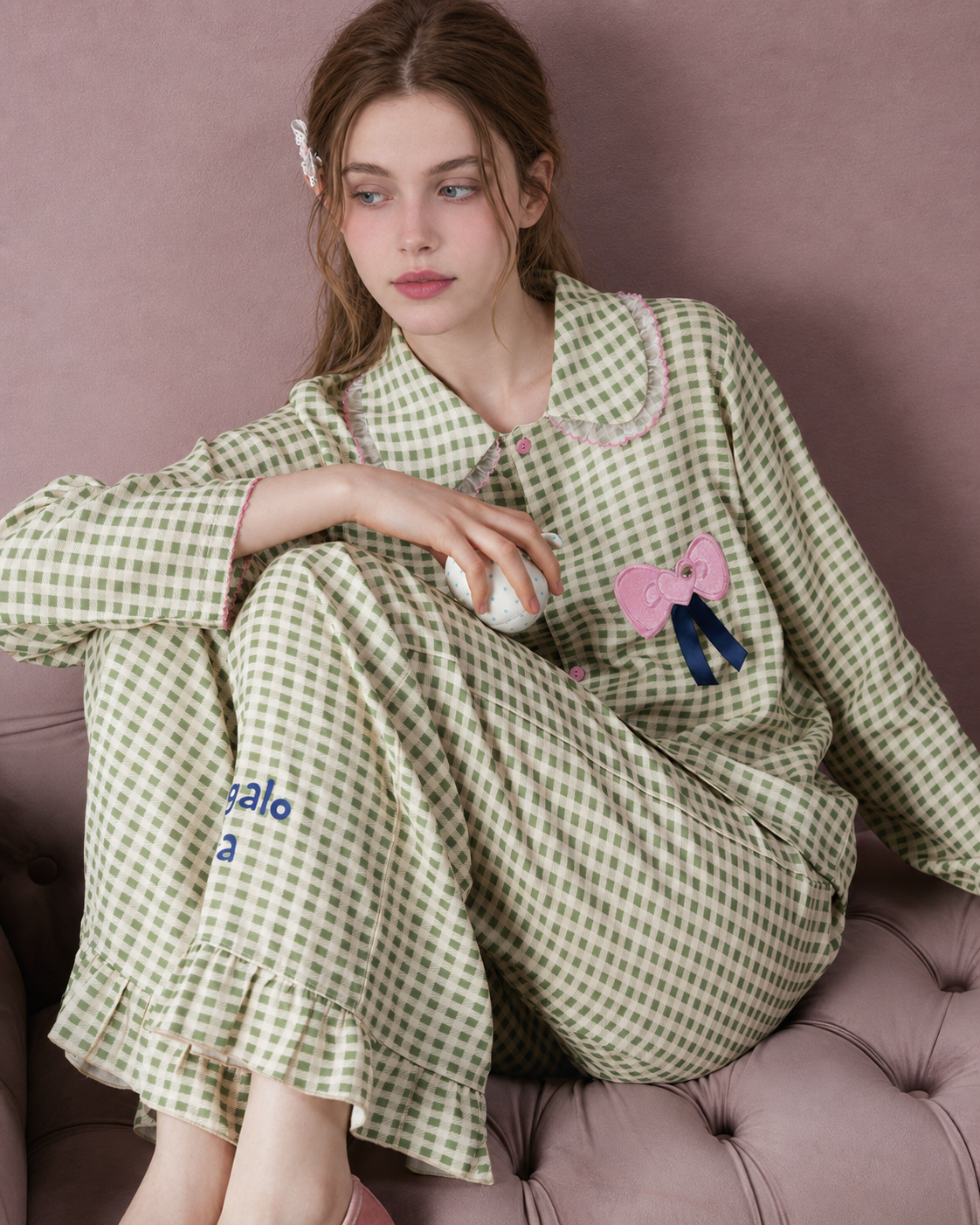 Gingham Bow Cotton Pajama Set – apple-green gingham worn on a sofa - Roomden