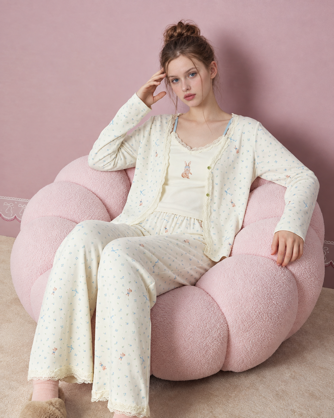 Bunny Floral Three-Piece Pajama Set – seated view showing all three ivory pieces - Roomden