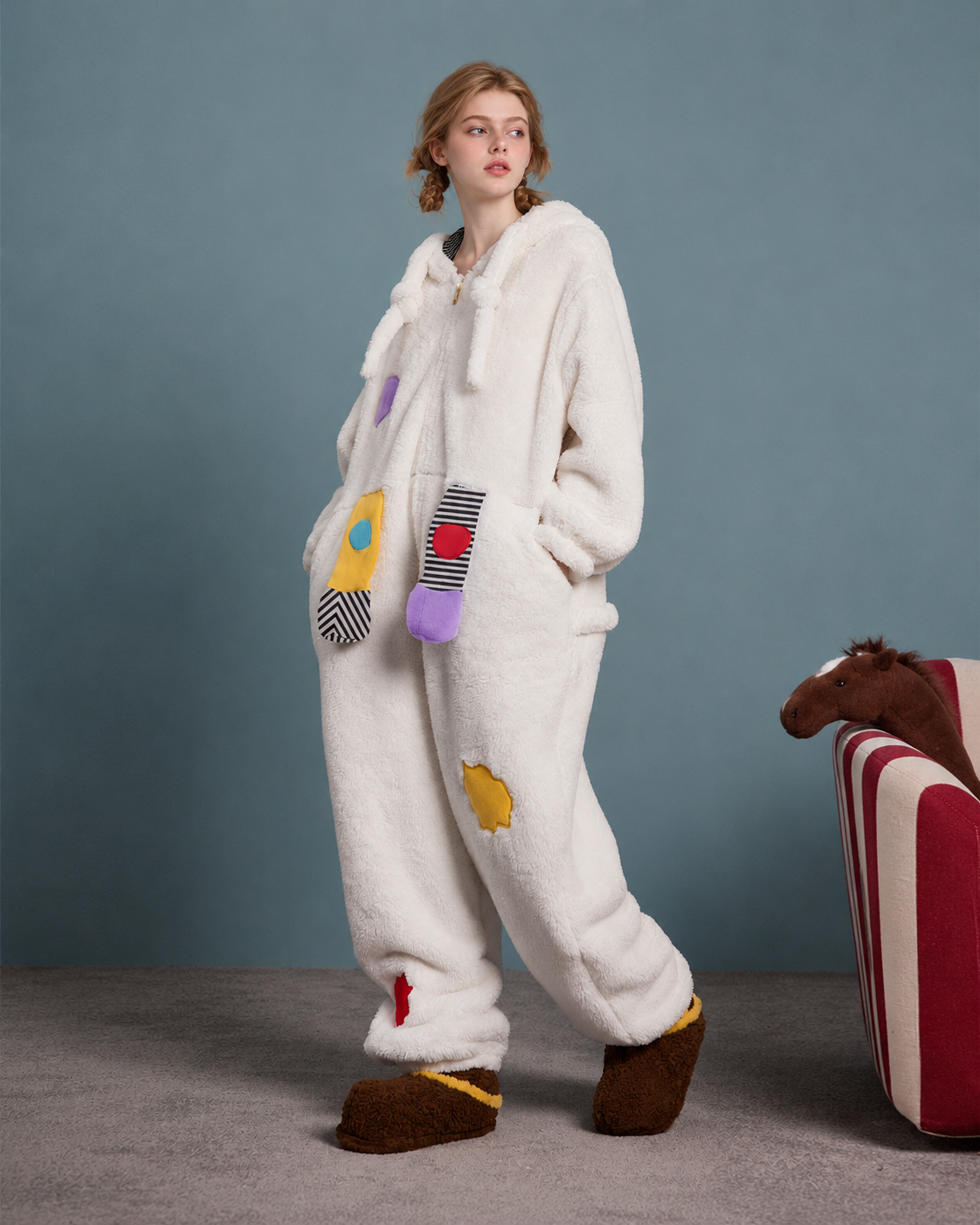 Pony Hood Fleece One-Piece Pajamas – full-length side front view with the hood down - Roomden