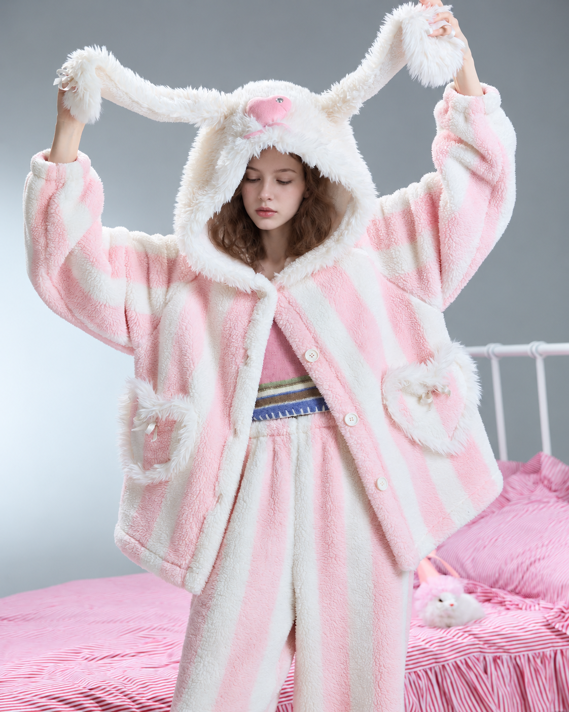 Blushburrow Rabbit-Hood Pajama Set – raised-ear pose showing the hood, button front and plush pockets - Roomden