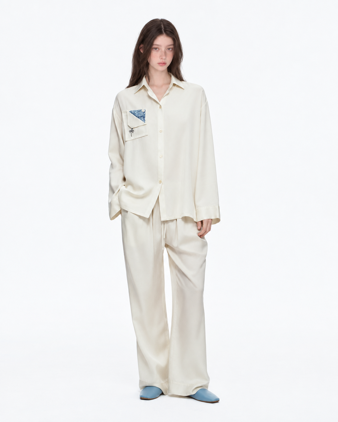 Inkshore botanical-pocket viscose pajama set in Milky White, front studio view - Roomden