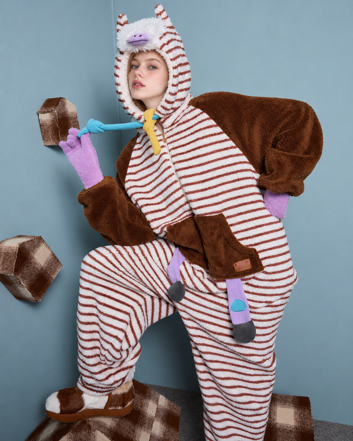 Striped Horse-Hood Onesie – brown and white seated against blue wall - Roomden