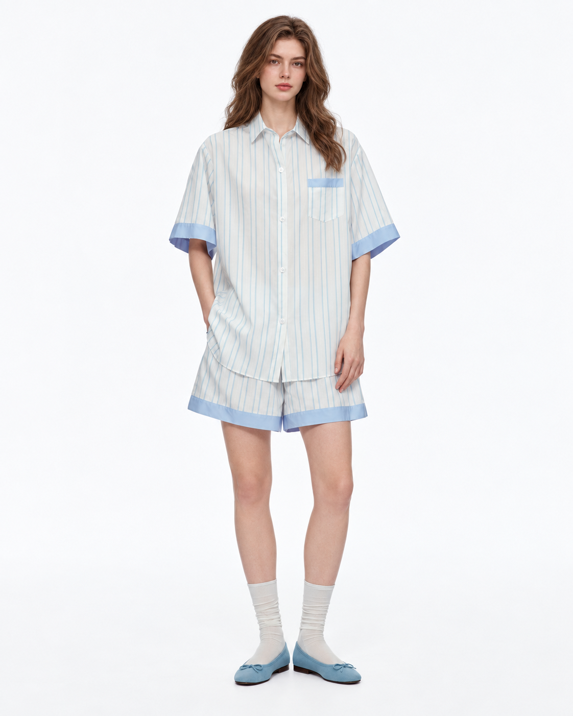 Contrast-Band Striped Viscose-Blend Pajama Shorts Set – blue front view - Roomden