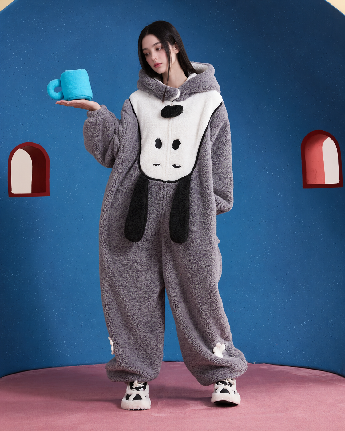 Dog-Face Hooded Fleece One-Piece Pajamas – gray front standing view with cup - Roomden