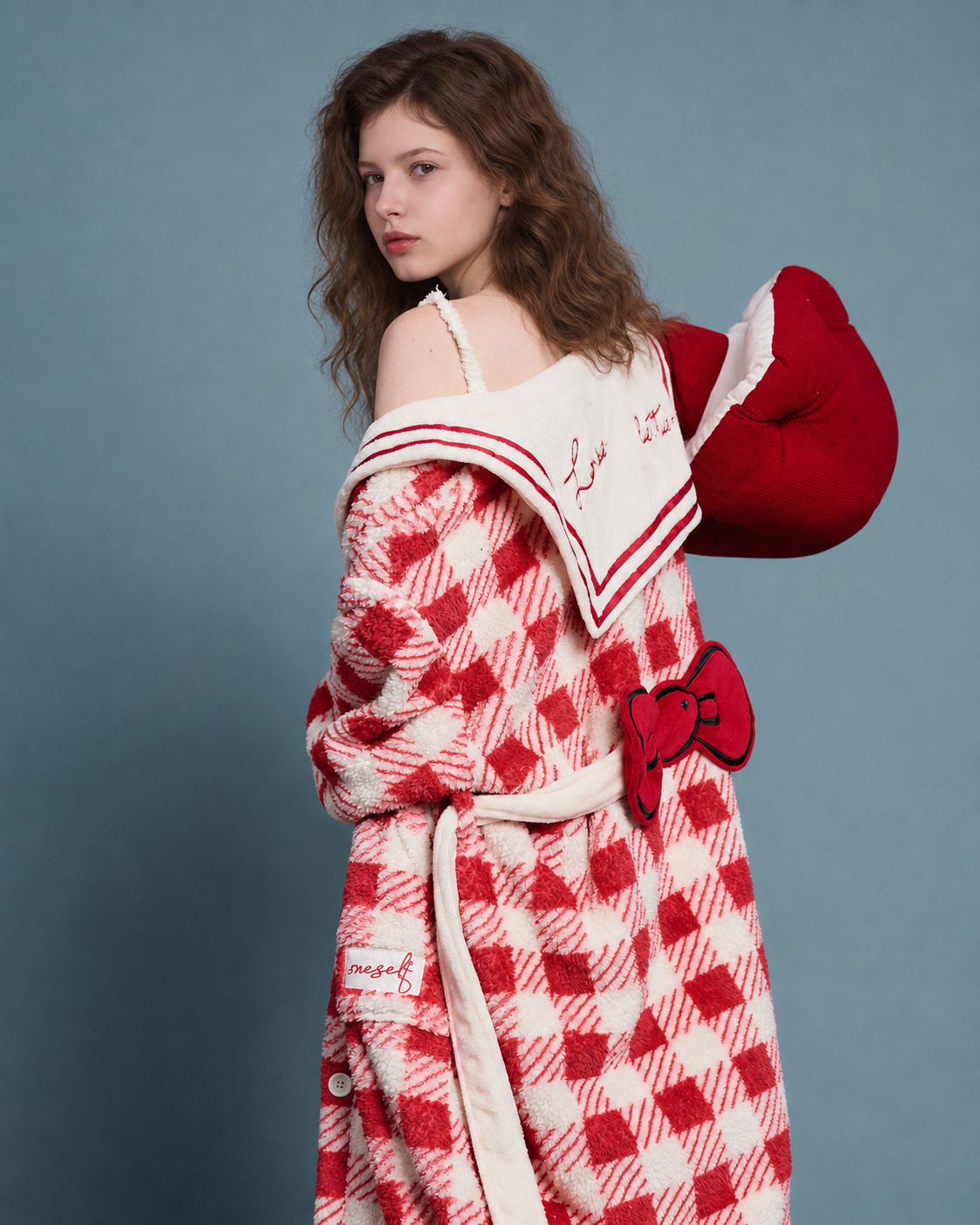 Red-and-White Plaid Fleece Robe – back collar embroidery and bow detail - Roomden