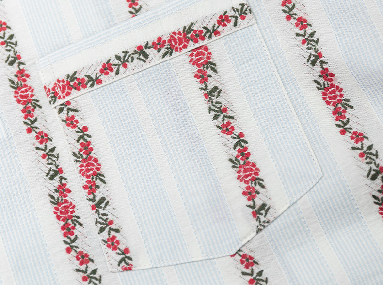 Roseledger cotton nightgown – Cream Rose Stripe, close-up of the original floral-striped pocket fabric - Roomden
