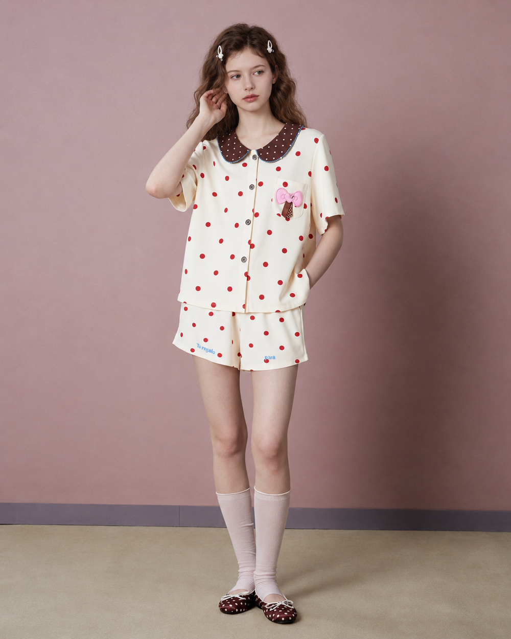 Polka Dot Cotton Blend Pajama Set – front full-length view of ivory and red polka dot top and shorts - Roomden