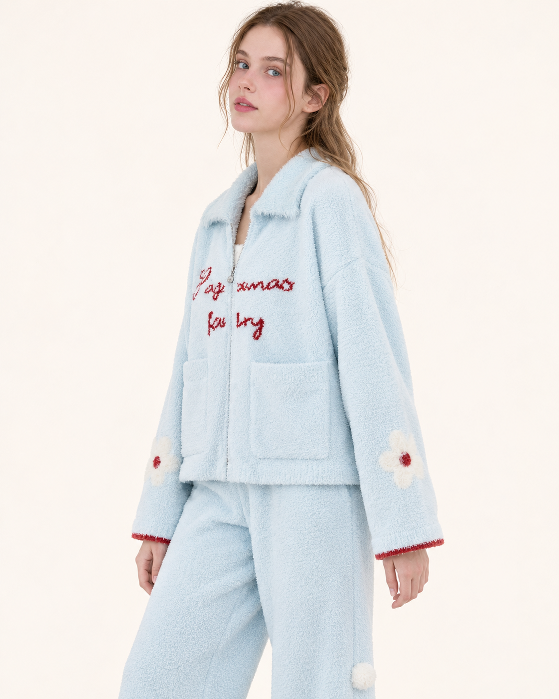 Contrast Lettering Plush Zip-Up Pajama Set – Ice blue three-quarter jacket view with floral sleeves - Roomden