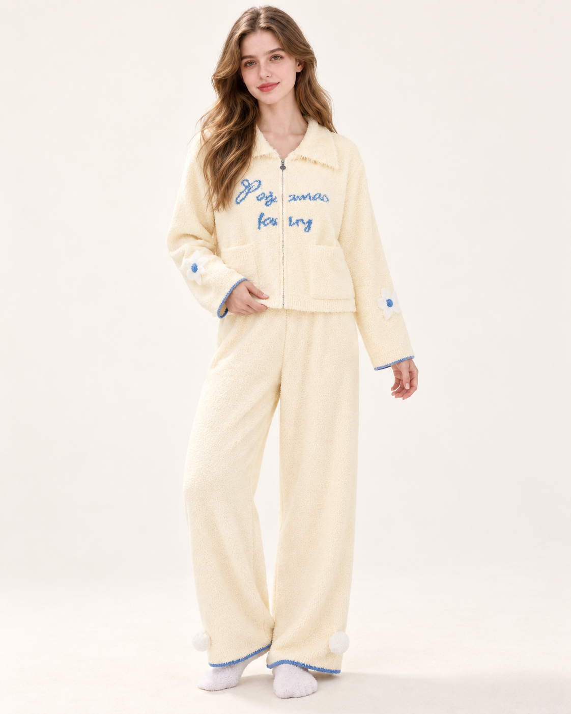Contrast Lettering Plush Zip-Up Pajama Set – Butter yellow set with a hand holding the jacket hem - Roomden