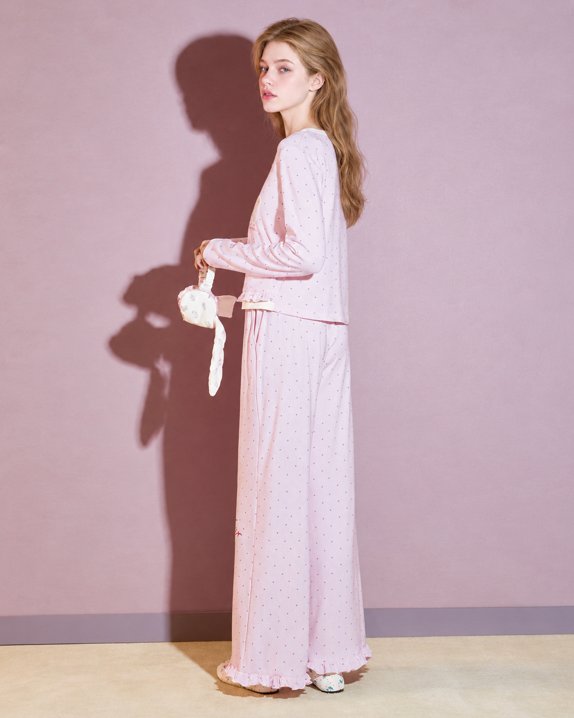 Polka dot cotton blend pajama set – blush pink, side and back full-length view - Roomden