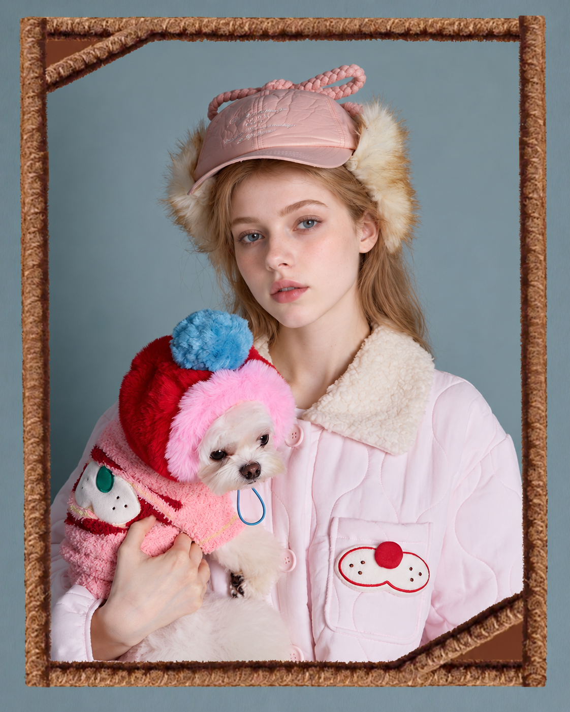 Cat Embroidery Quilted Pajama Set – pink collar and cat pocket while holding a dog in a frame - Roomden