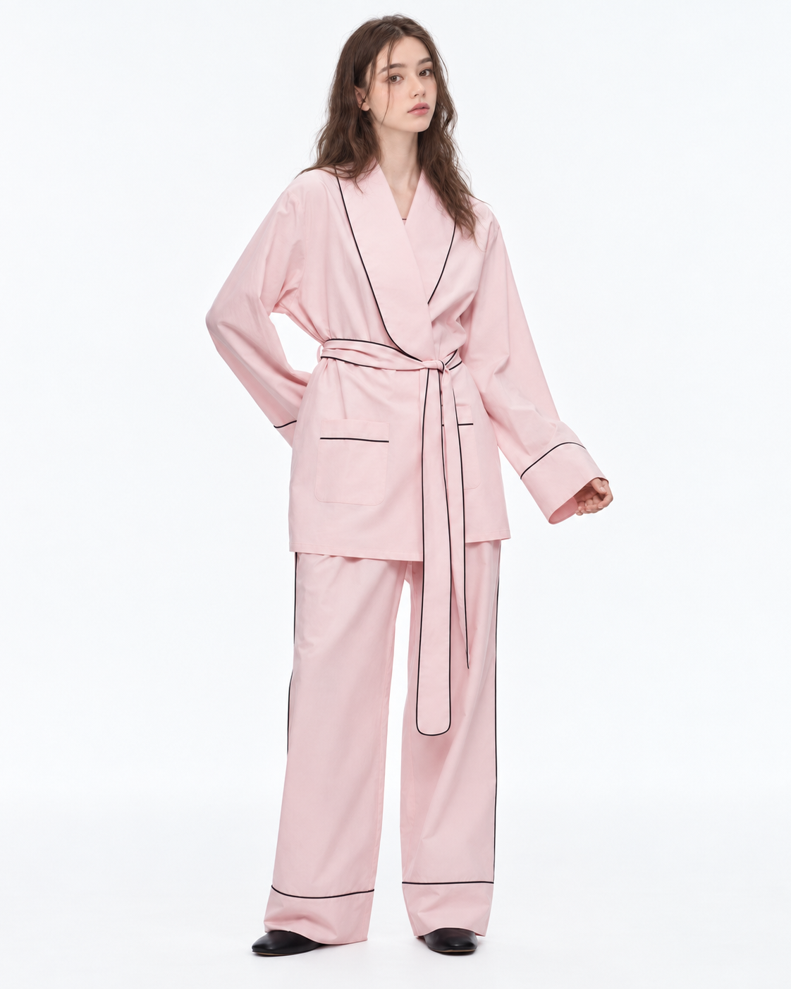 Linehaven wrap pajama set – Sakura Pink, angled front view in the studio - Roomden