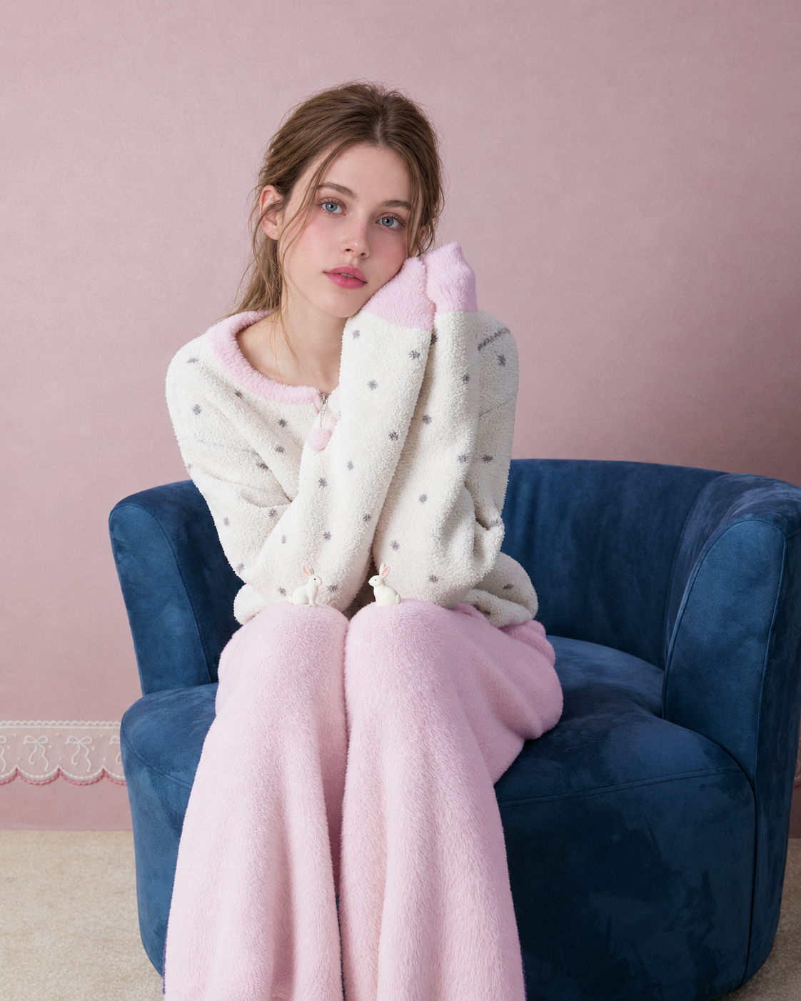 Pom-Pom Zip Fleece Pajama Set – hands-by-face chair view - Roomden