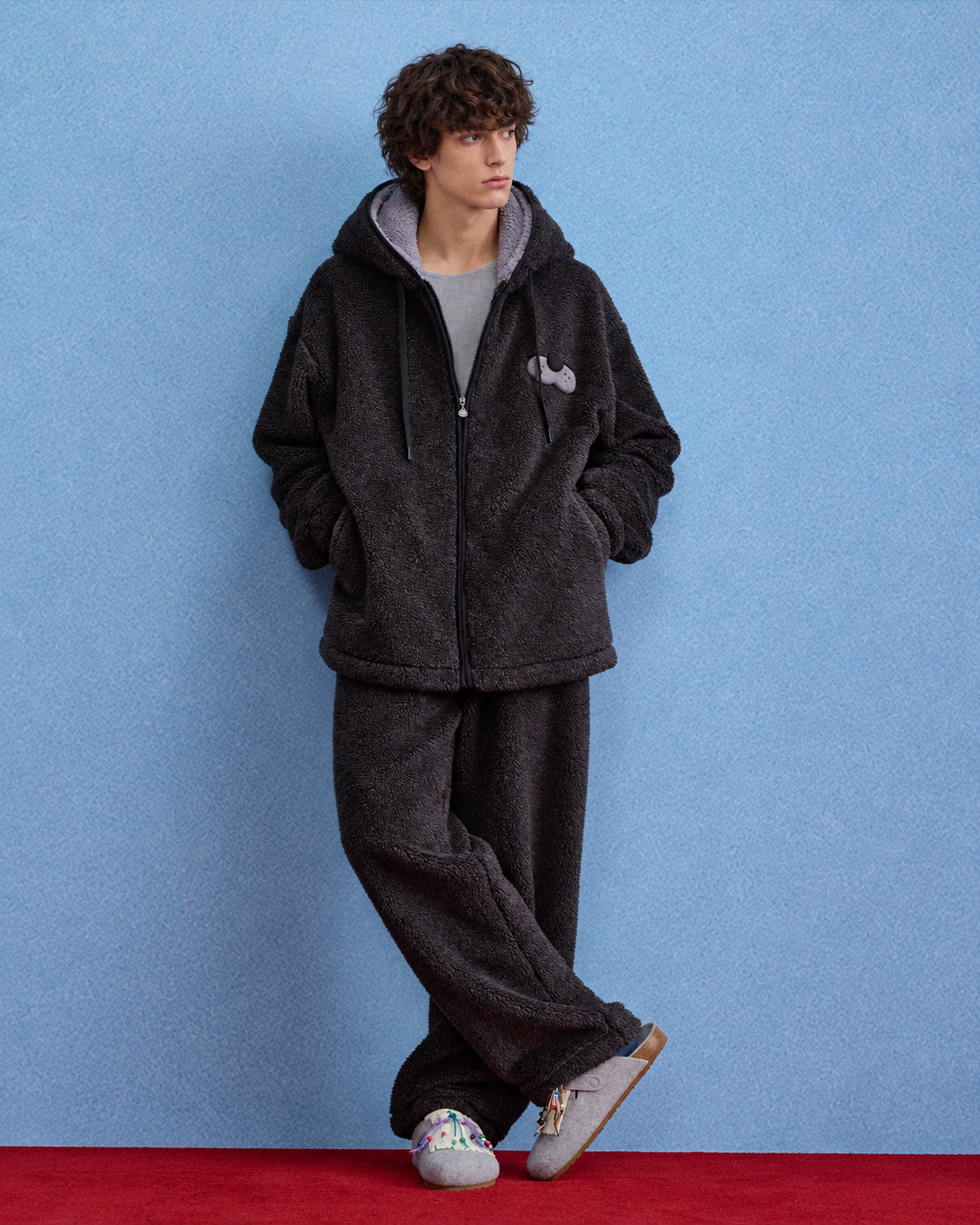 Men's Cat-Ear Hooded Fleece Pajama Set – dark gray full-length front view - Roomden