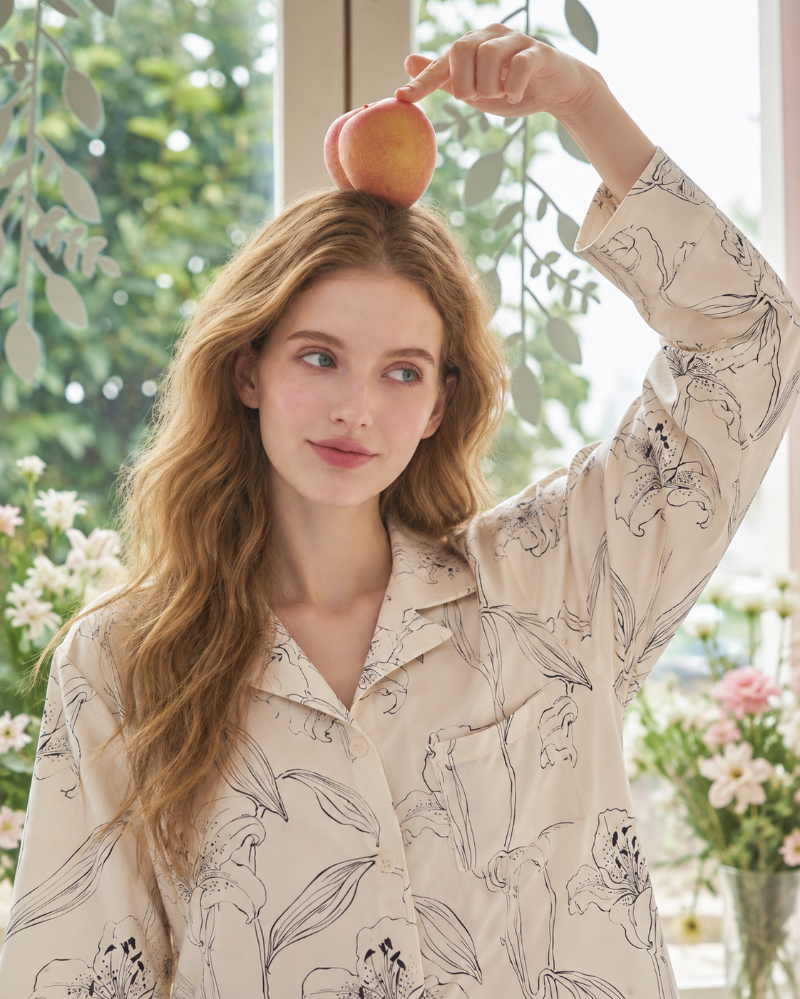Lily Linework Viscose-Rayon Pajama Set – balancing fruit in a flower-filled room - Roomden
