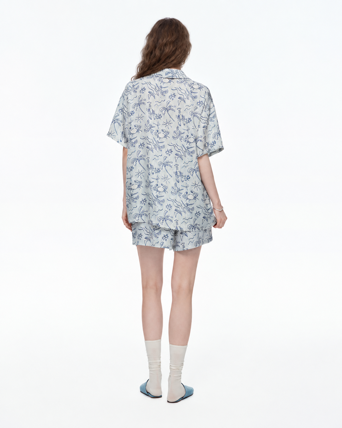Inkshore coastal-print viscose pajama shorts set in Azure Isle, back view - Roomden