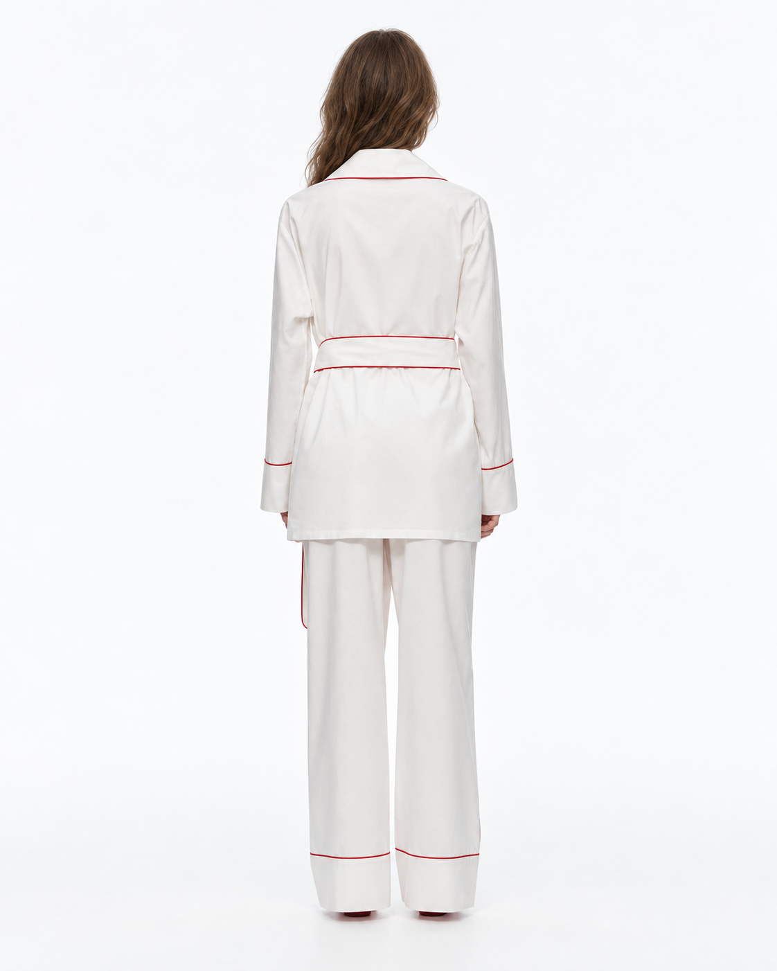 Linehaven wrap pajama set – Milky White, back view in the studio - Roomden