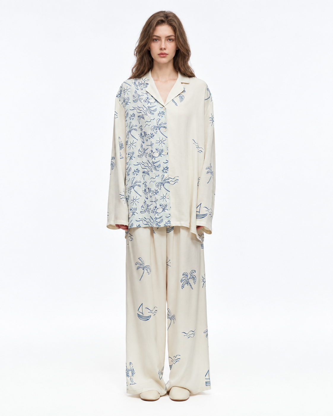 Inkshore asymmetric coastal-print viscose pajama set in Apricot Cream, front view - Roomden