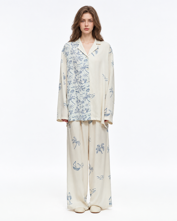 Inkshore Asymmetric Coastal-Print Viscose Pajama Set