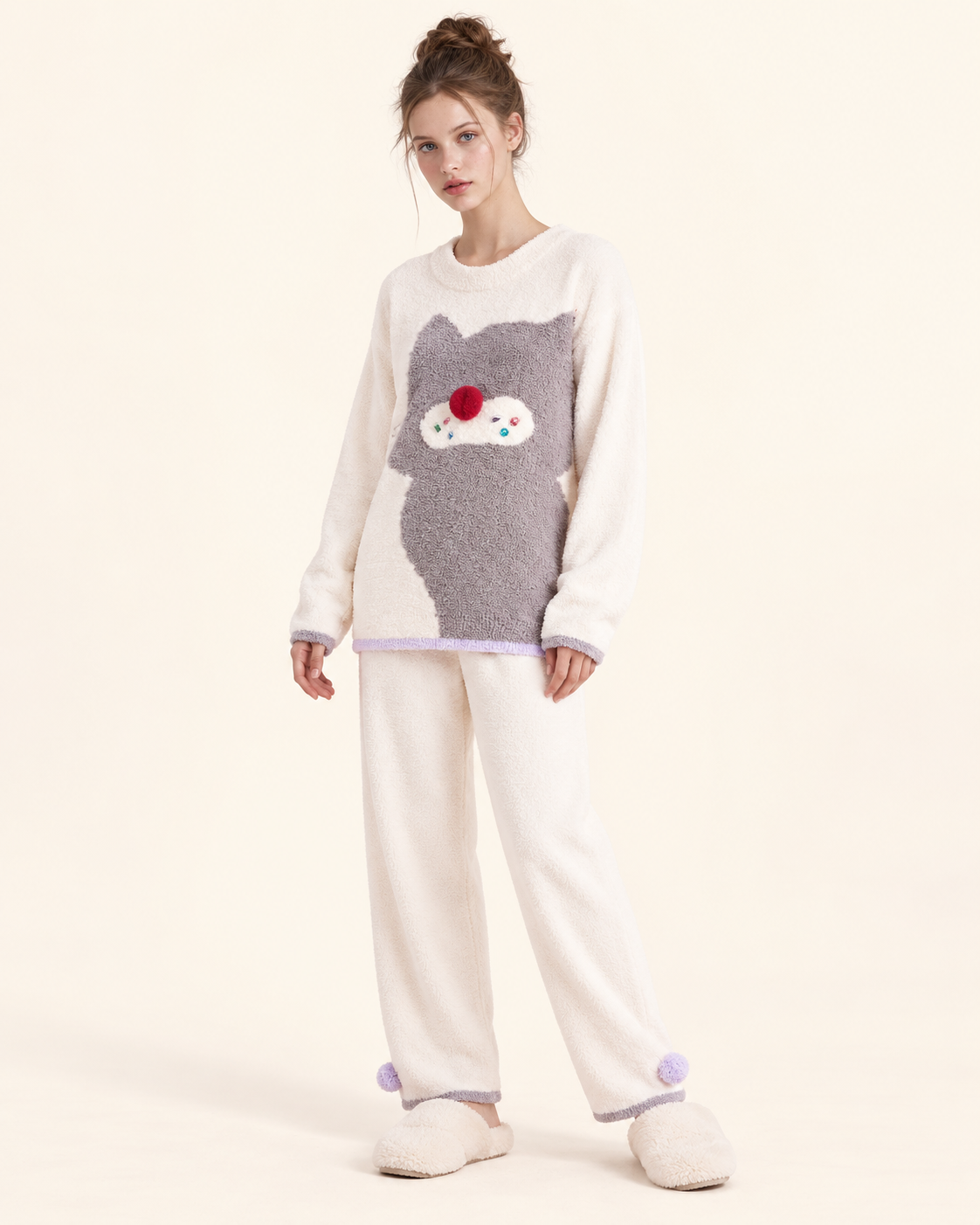 Ivory cat graphic pajama set – relaxed standing studio pose with red pom-pom nose - Roomden