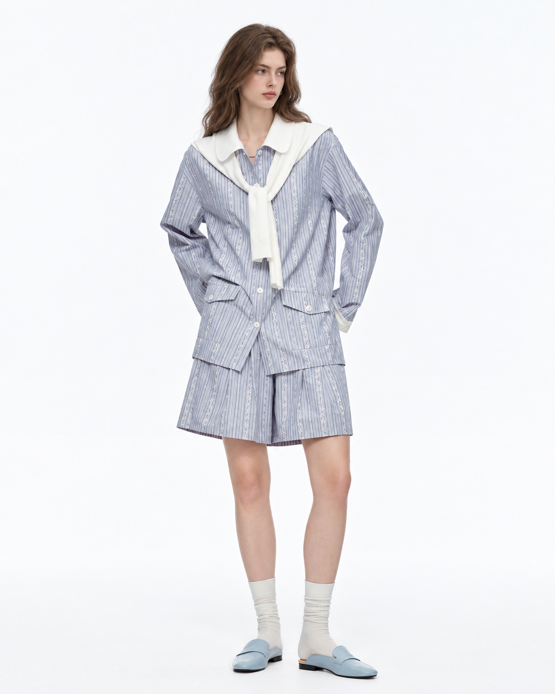 Ribbonhour White-Collar Striped Cotton-Blend Pajama Shorts Set – blue on-model view - Roomden