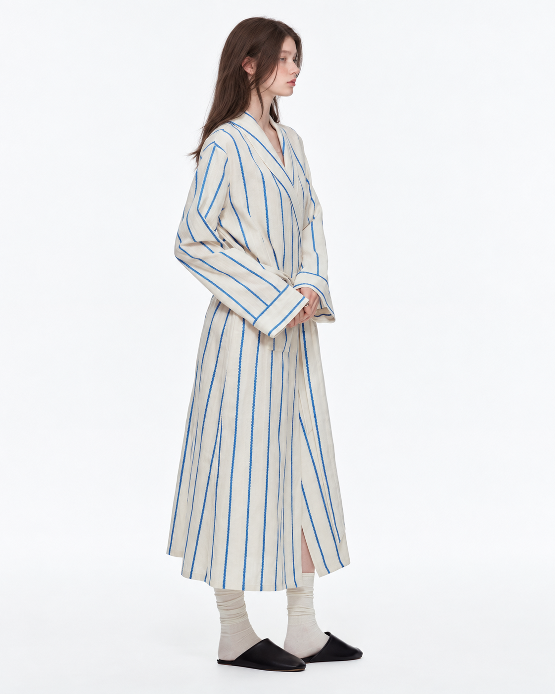 Slateway Fine-Stripe Cotton Wrap Robe – blue studio 3 - Roomden