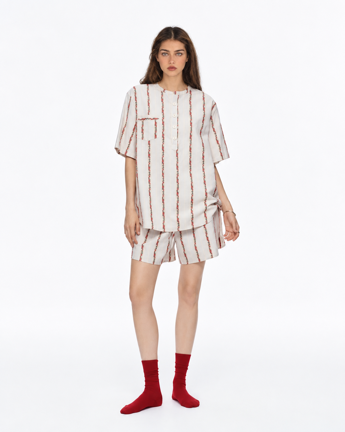 Roseledger cream cotton pajama shorts set with red floral stripes, front view - Roomden