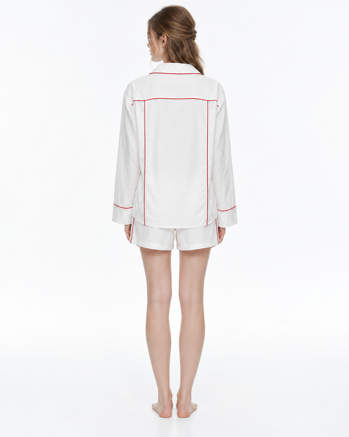 Linehaven contrast-piped pajama shorts set in white, back view - Roomden