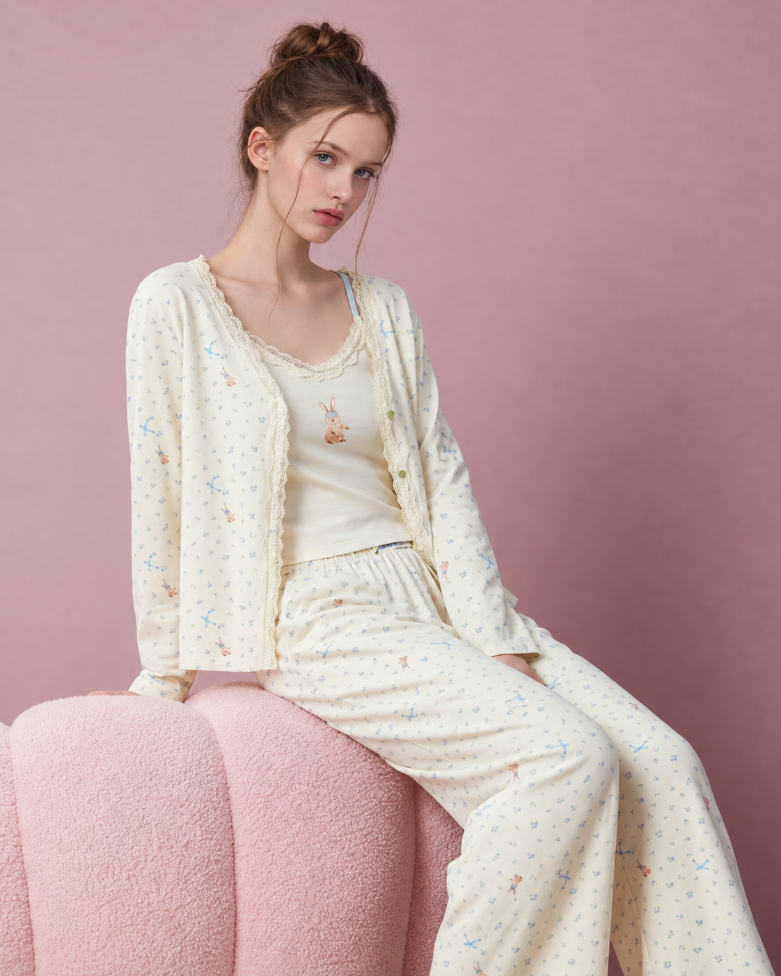 Bunny Floral Three-Piece Pajama Set – seated close view of lace trim and rabbit motif - Roomden