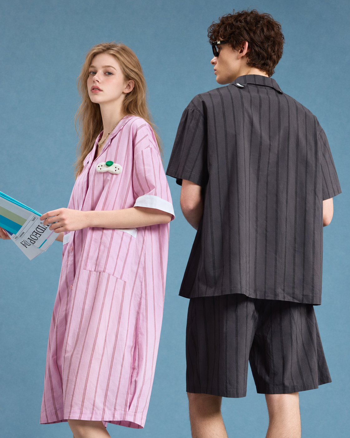 Men's Pinstripe Cotton Pajama Set – rear view of the charcoal striped shirt and shorts - Roomden