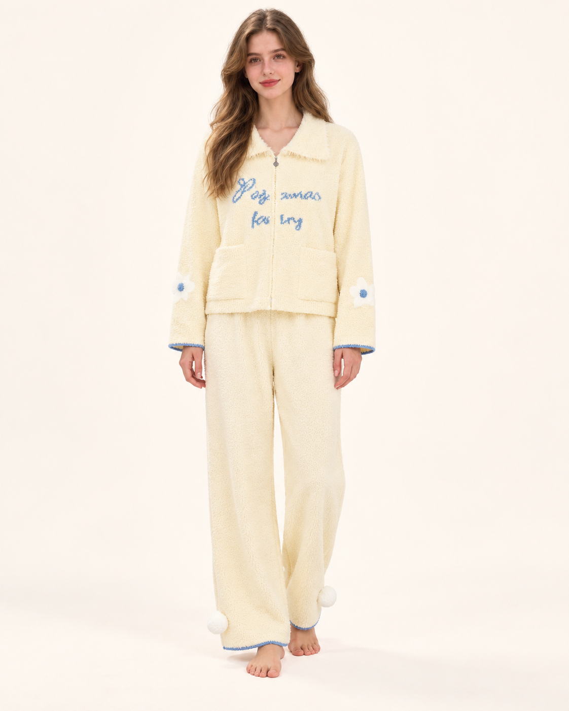 Contrast Lettering Plush Zip-Up Pajama Set – Butter yellow full-length front view with relaxed arms - Roomden