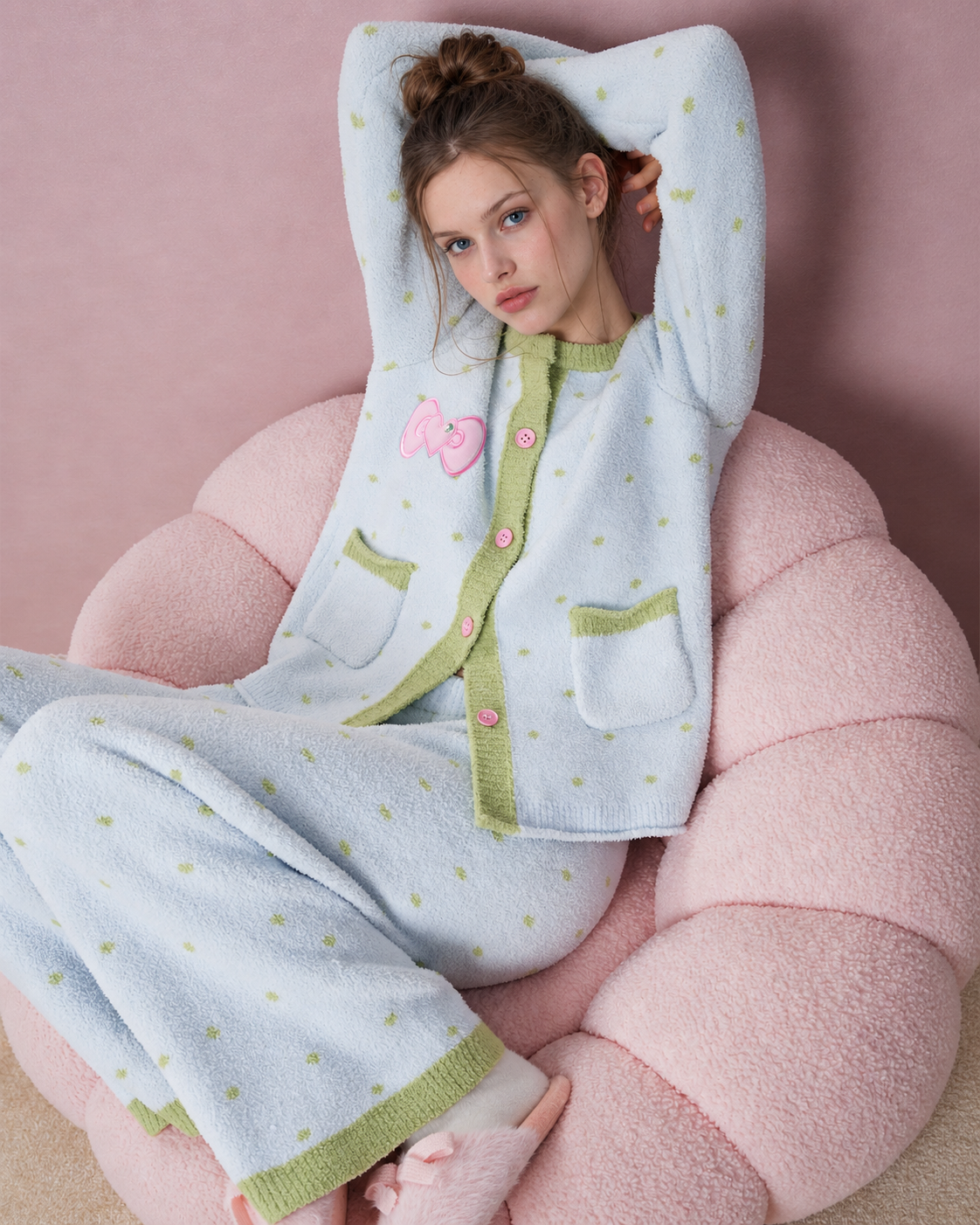 Bow Detail Plush Pajama Set – ice-blue raised-arm seated view on a pink chair - Roomden