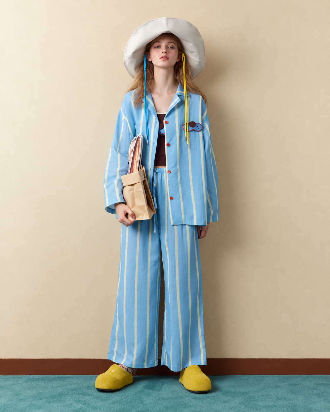 Striped Cotton Pajama Set – blue, yellow and white full-length front view with a hat - Roomden