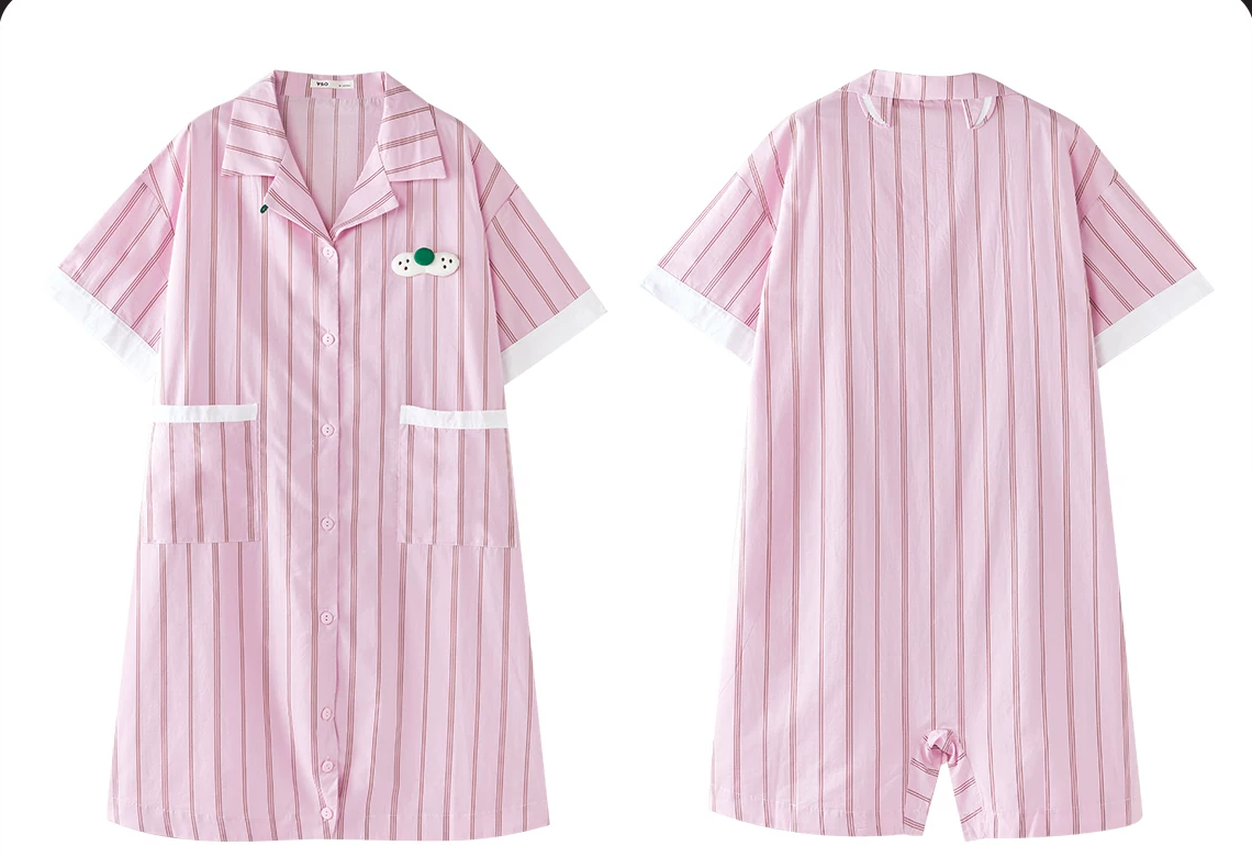 Striped cotton one-piece pajamas – pink front and back flat lay with pockets and lower buttons - Roomden
