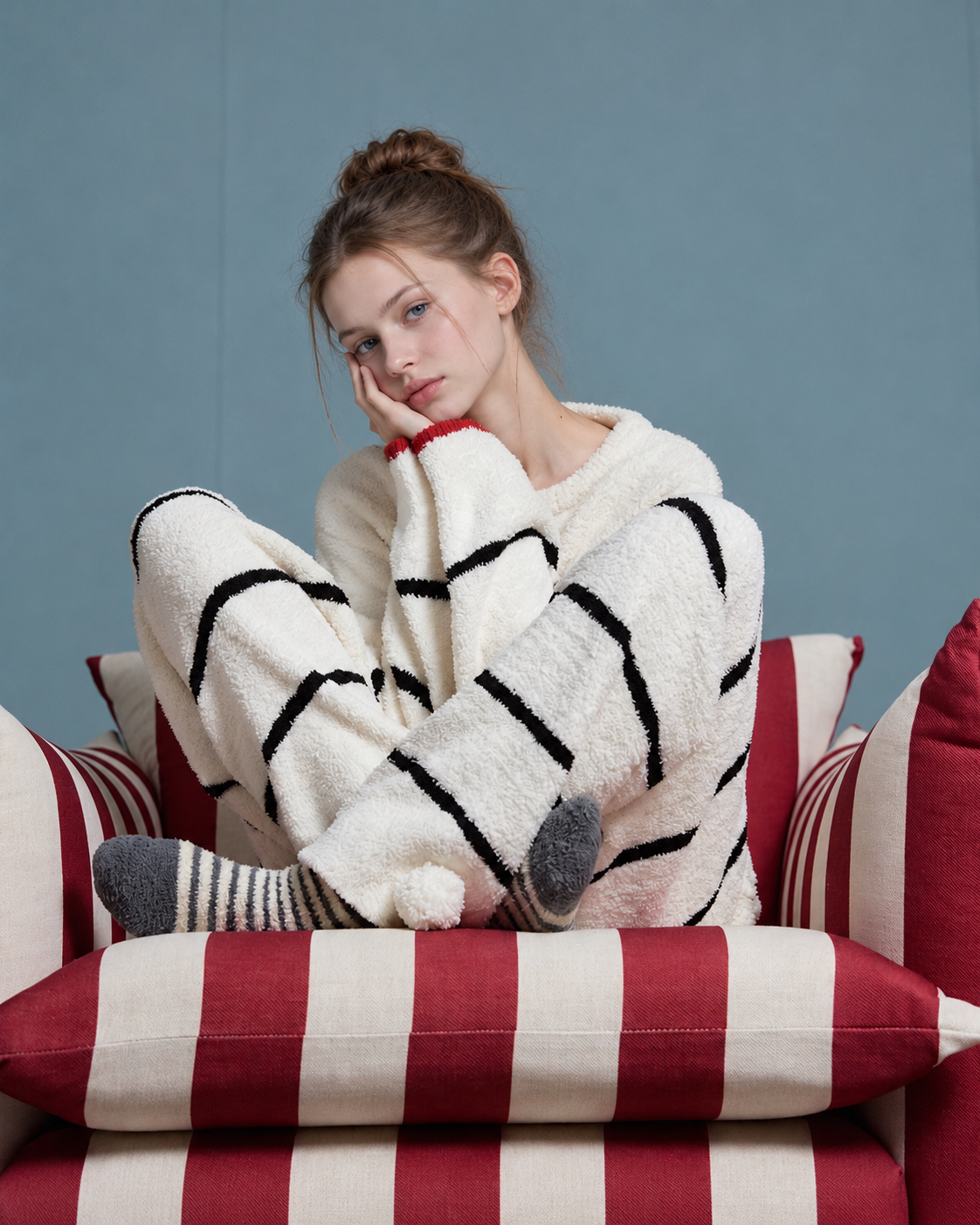 Cat Appliqué Chenille Pajama Set – cream and black stripes, curled-leg seated view - Roomden
