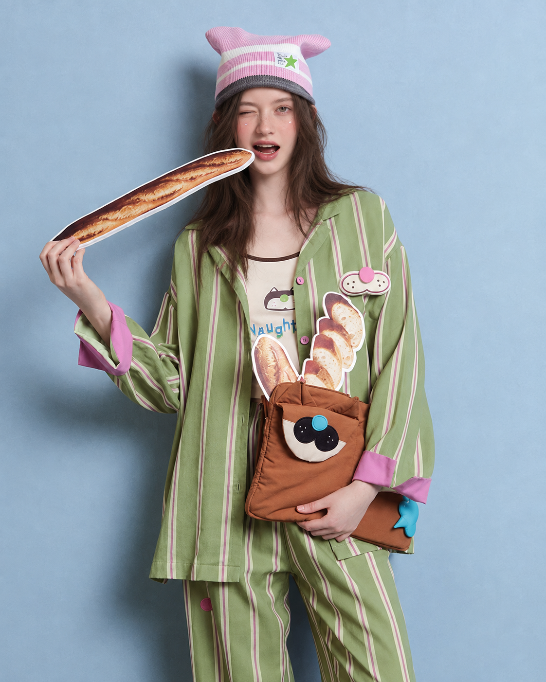 Cat Detail Cotton Gauze Pajama Set – front view with the striped shirt worn open - Roomden