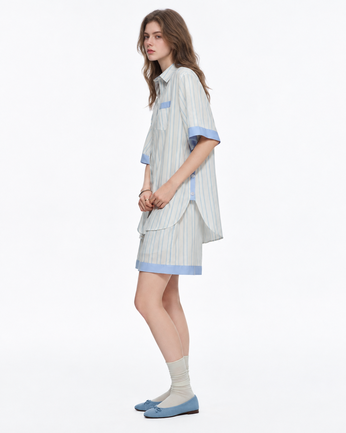 Contrast-Band Striped Viscose-Blend Pajama Shorts Set – blue opposite side view - Roomden