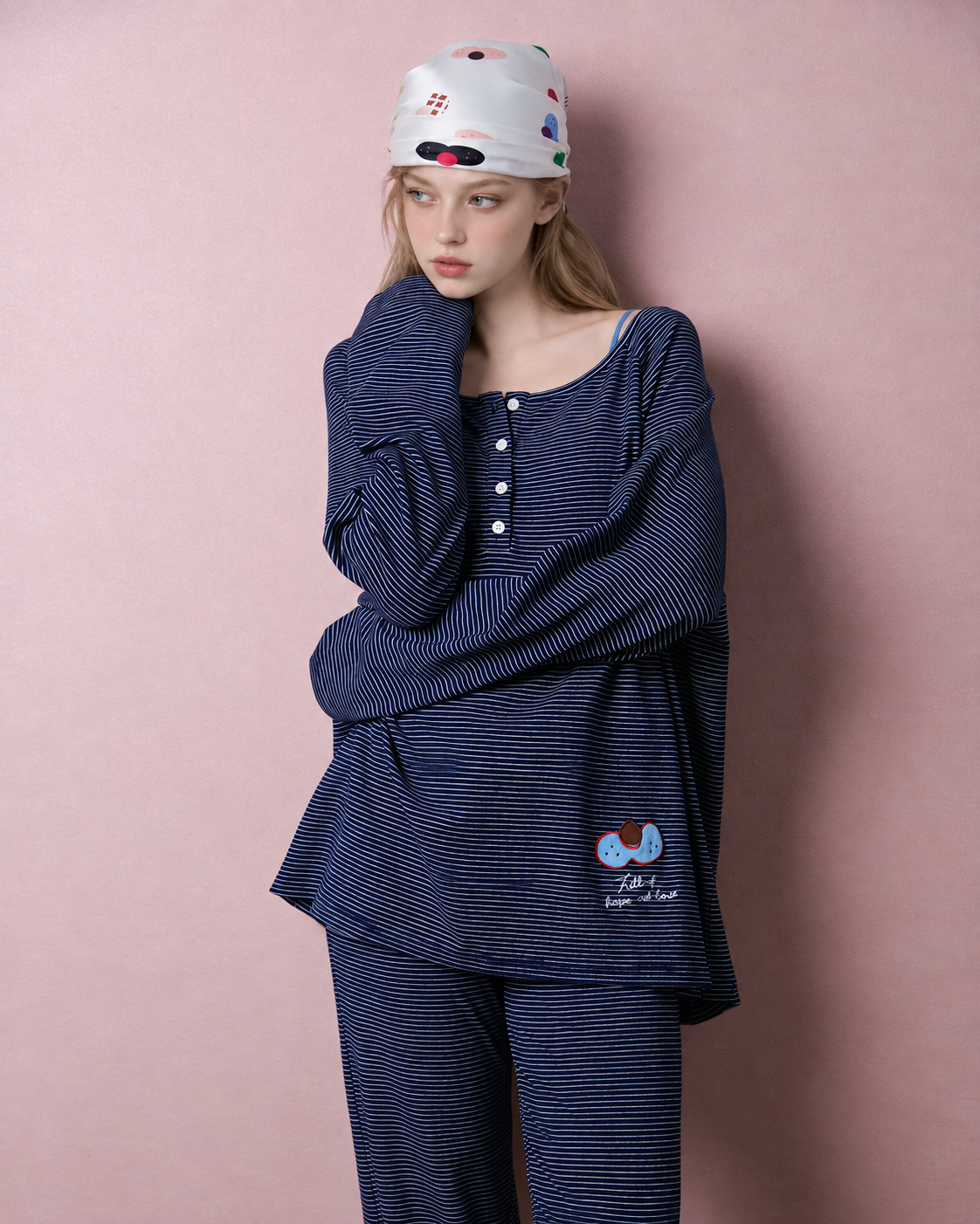 Striped Cat Embroidery Pajama Set – navy top and embroidery front view - Roomden