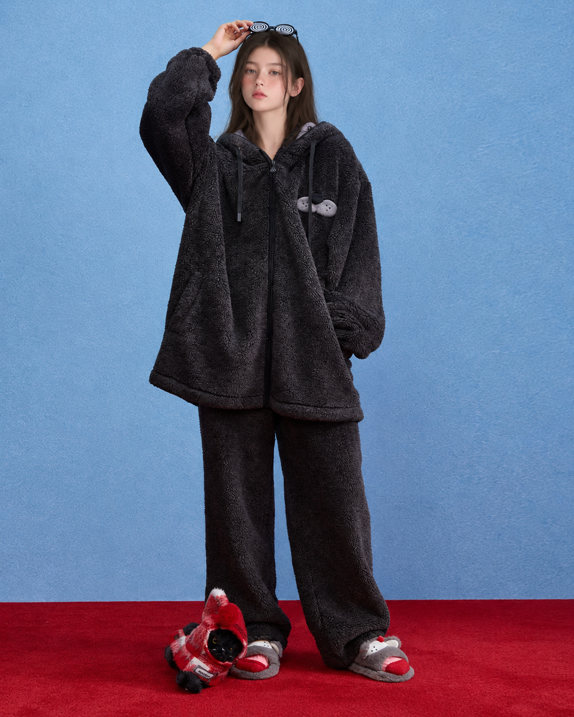 Dark gray cat-ear hooded fleece pajama set, female full-length front view - Roomden