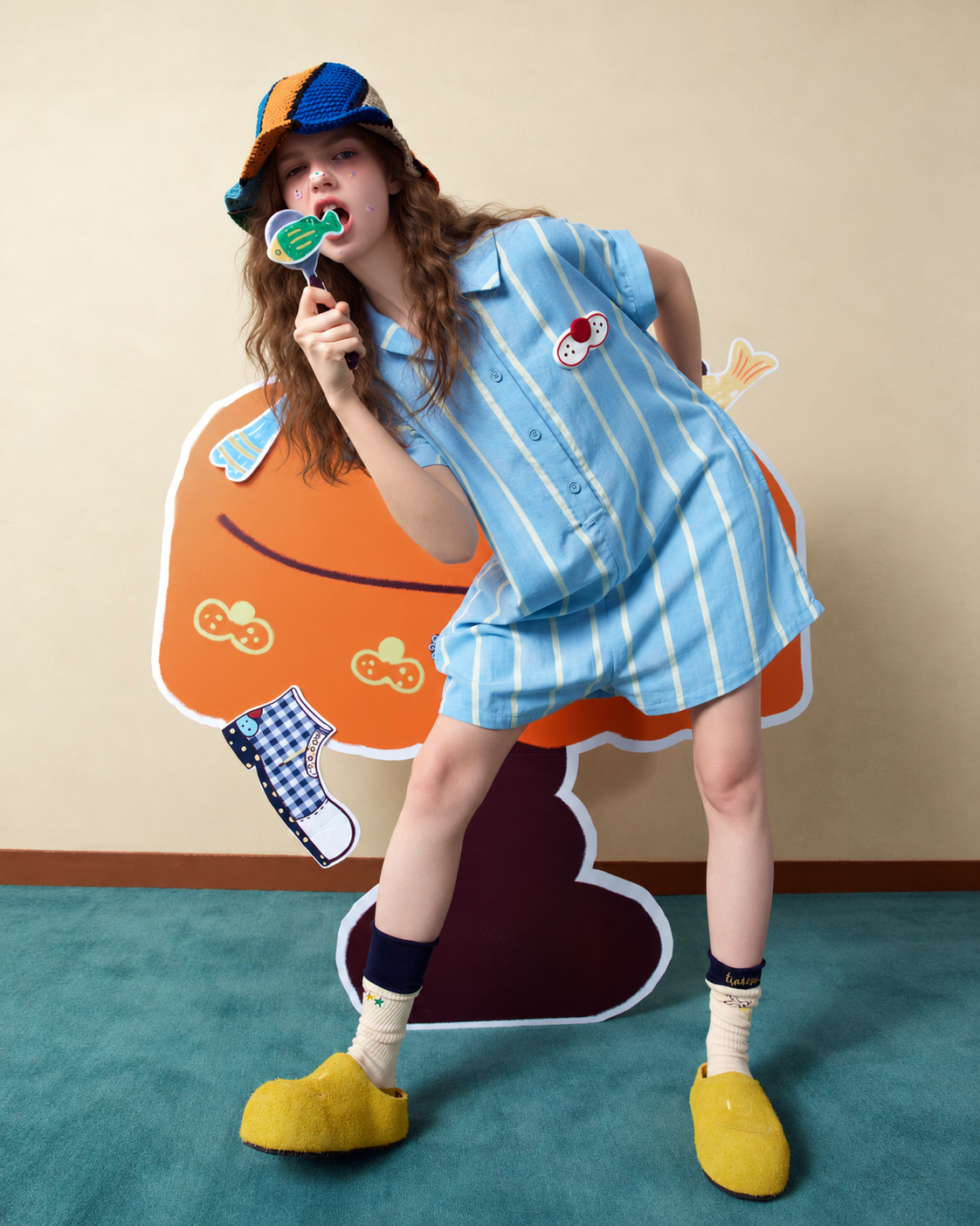 Blue Striped Cotton Short Pajama Set – forward leaning view with fish prop - Roomden