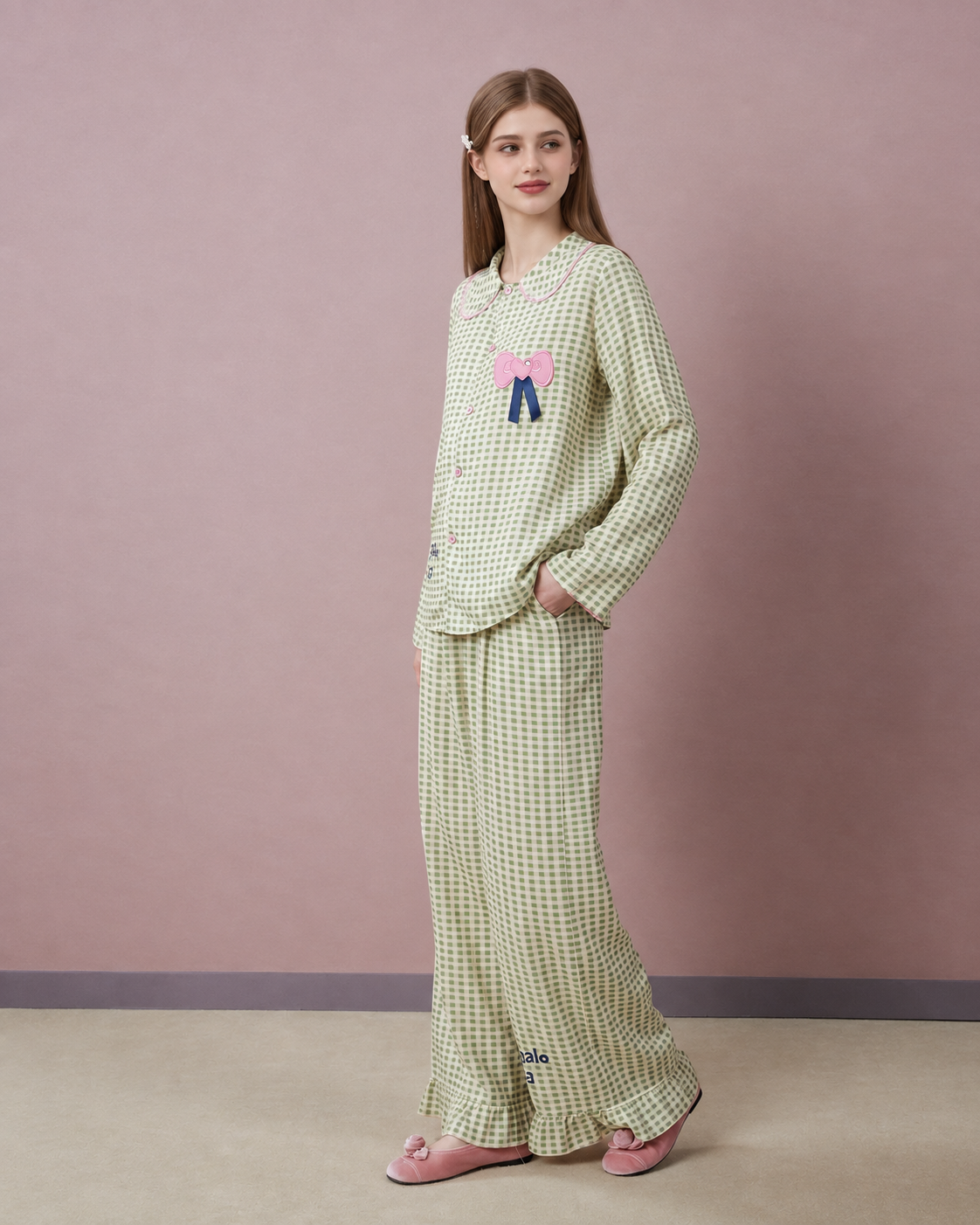 Gingham Bow Cotton Pajama Set – apple-green gingham angled full-length view - Roomden