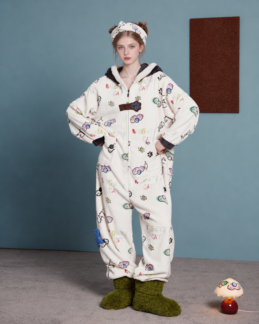Doodlewhisk Cat-Doodle Hooded One-Piece Pajamas – full-length front view - Roomden