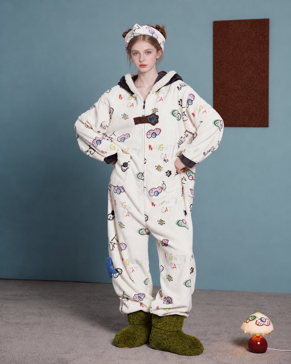 Doodlewhisk Cat-Doodle Hooded One-Piece Pajamas – full-length front view - Roomden