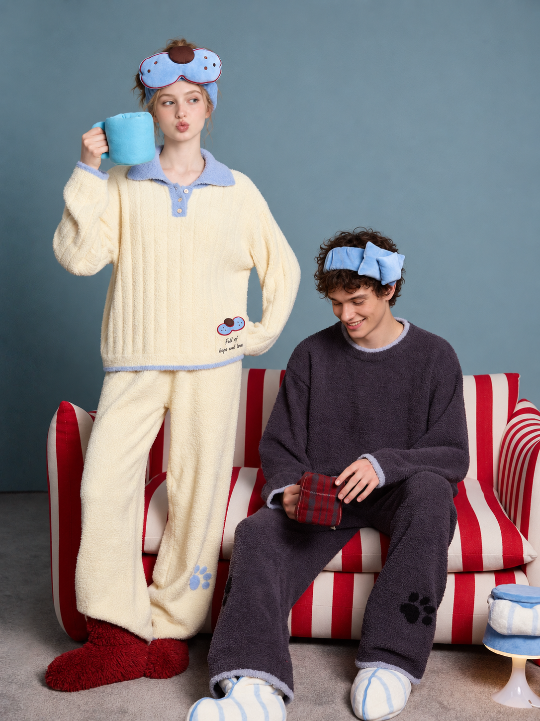 Cat Motif Fleece Pajama Set - cream yellow front view with a mug - Roomden