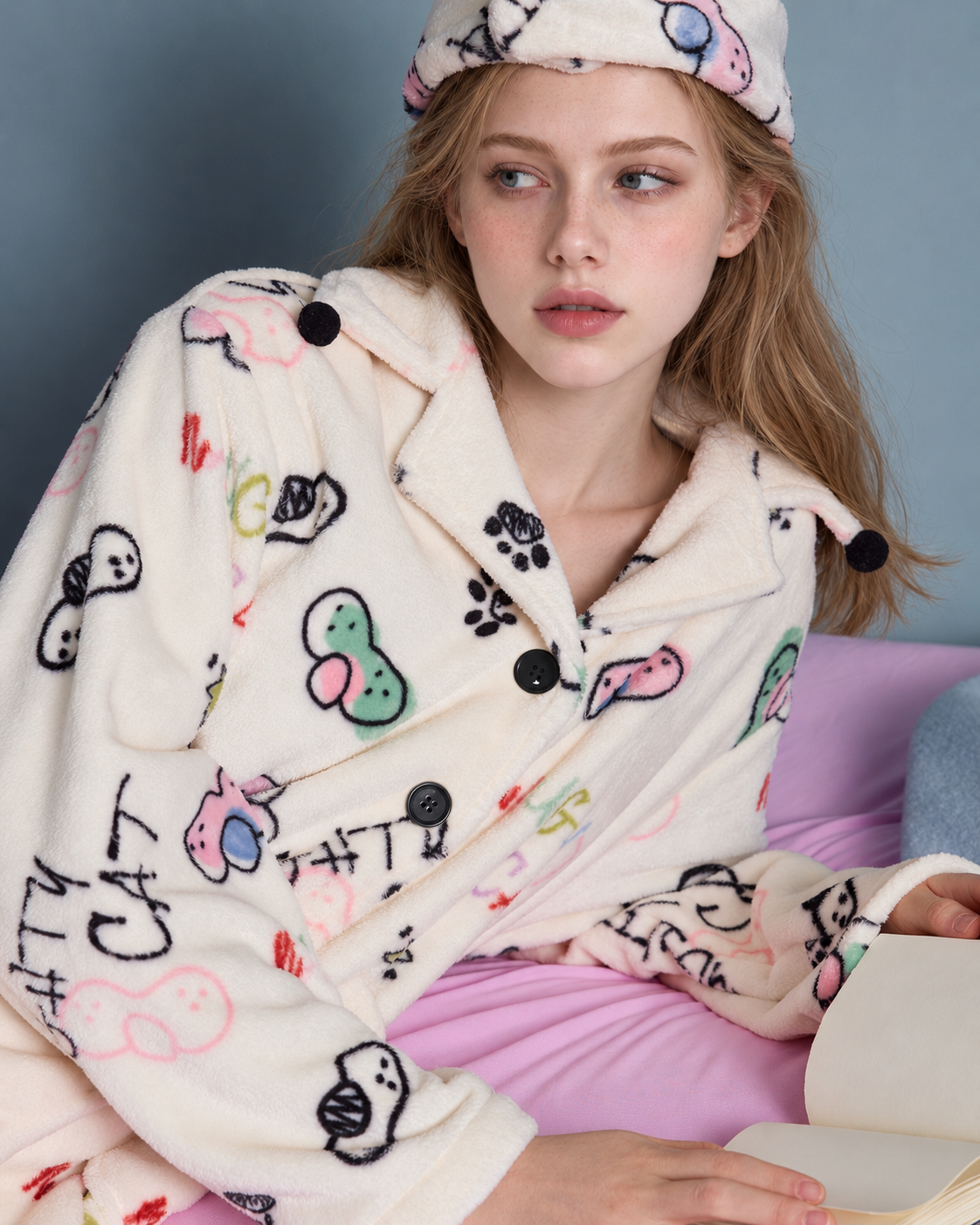 Doodlewhisk Cat Doodle Fleece Pajama Set – cream fleece pajama top, collar and button close-up - Roomden