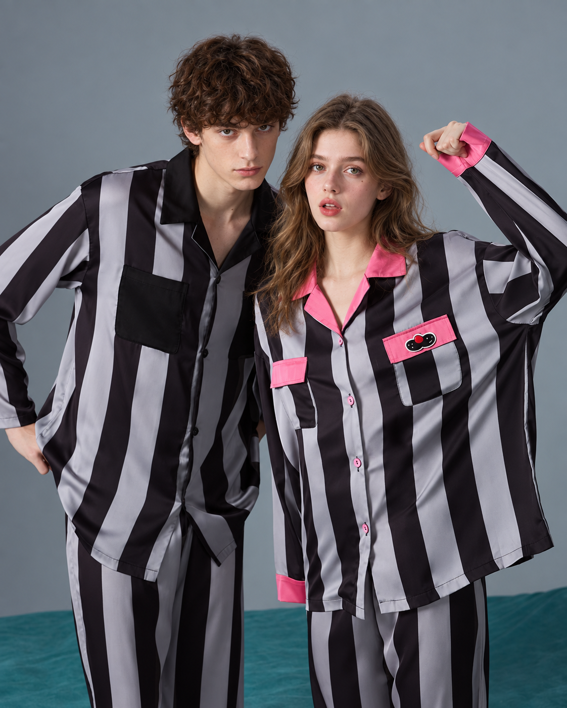 Men's striped pajama set – close view of the button-front shirt - Roomden