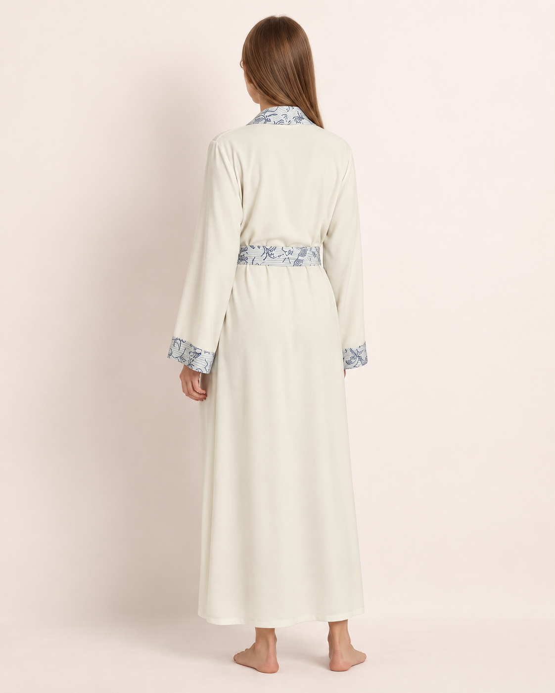 Apricot-cream Inkshore robe with blue botanical trim — studio view 2